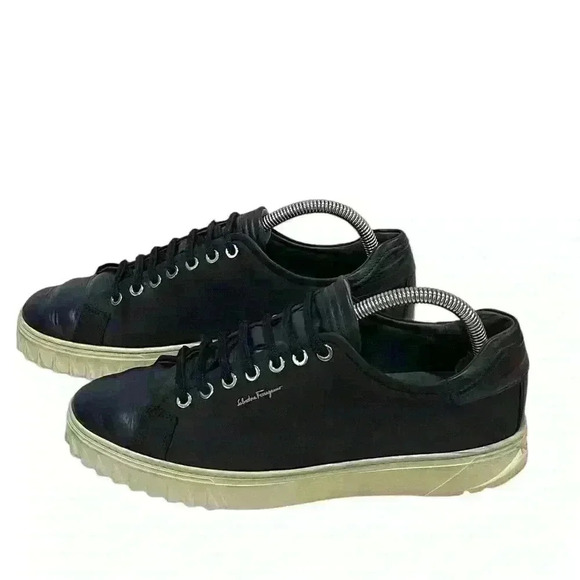 Salvatore Ferragamo Cube Italy Men's Navy Blue Leather  Low-Top Sneakers 7.5 M - Picture 5 of 15